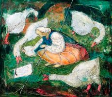 В. Баринова-Кулеба. «Автопортрет з гусьми». 2009. Полотно, олія. 60х70.